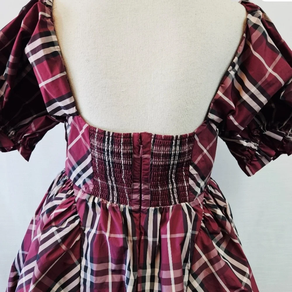 Anthropologie Maeve Plaid Maroon Tartan Burgundy Mini Puff Sleeve Dress Size S - Picture 5 of 15